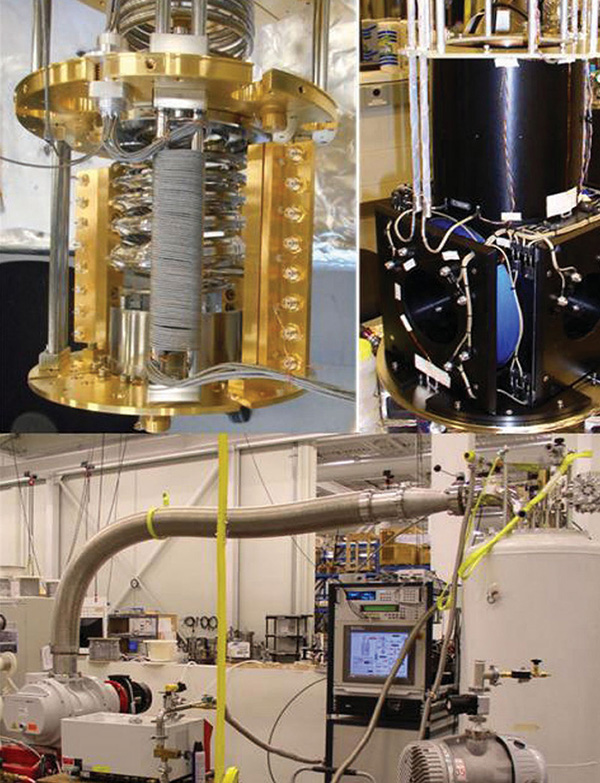 Figure 8. (Upper left) Dilution refrigerator, (Upper right) Superconducting magnet (Lower) Cryostat test setup